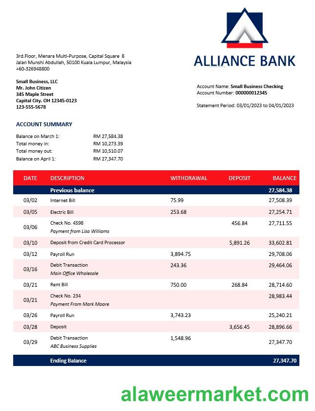 Alliance Bank enterprise account statement Word and PDF template